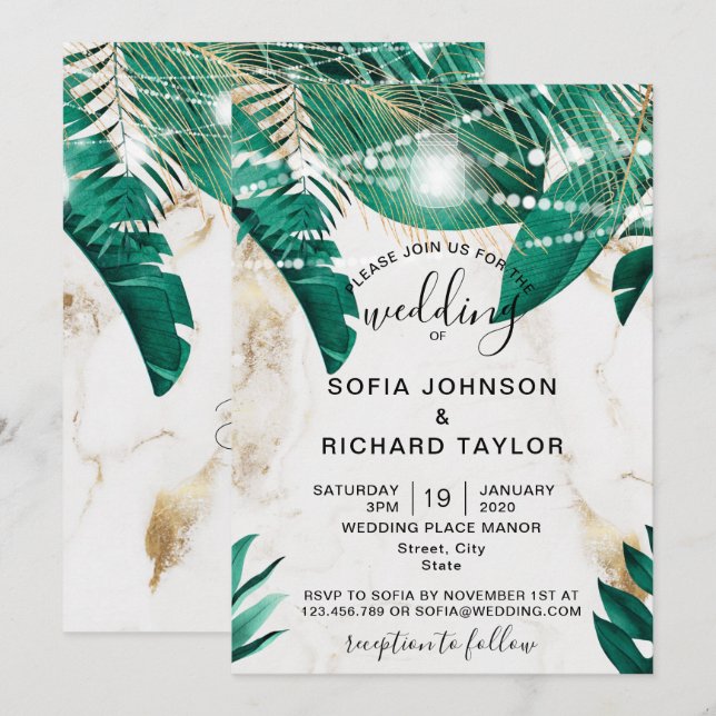 Tropical Palm Leaves Light Jar gold marble  Invitation (Front/Back)