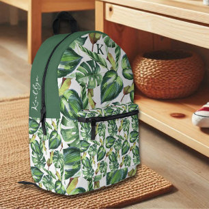 Tropical Palm Leaves Monogram Name Printed Backpack