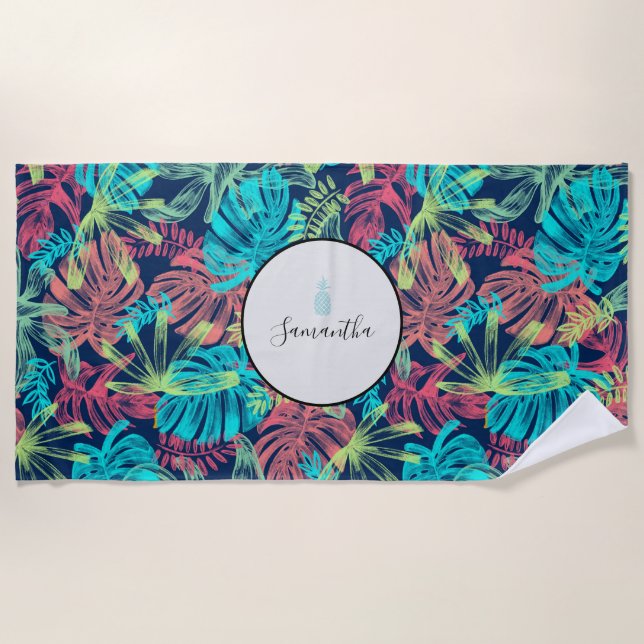 Tropical Palm Leaves Monogram Turquoise Coral Beach Towel (Front)