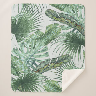 Tropical palm leaves, monstera, banana leaf, jungl sherpa blanket