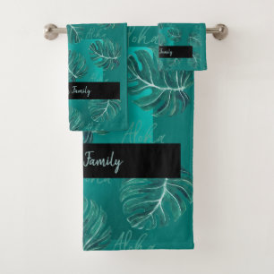 Tropical palm leaves name personalized modern bath towel set