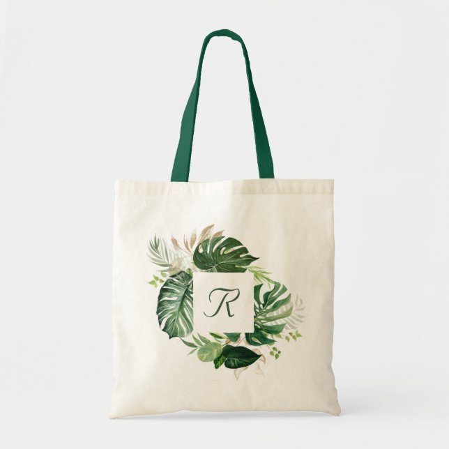 Tropical Palm Leaves Nature Greenery Monogram Tote Bag (Front)