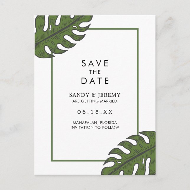 Tropical Palm Leaves Non Photo Save the Date Announcement Postcard (Front)