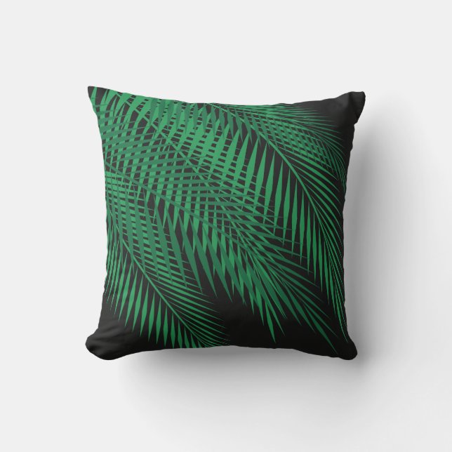 Tropical Palm Leaves on Black - Outdoor Throw Pillow (Front)
