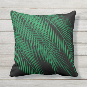 Tropical Palm Leaves on Black - Outdoor Throw Pillow