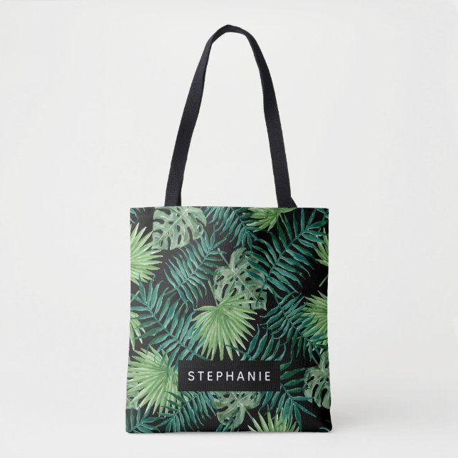 Tropical Palm Leaves on Black Personalized Tote Bag (Front)