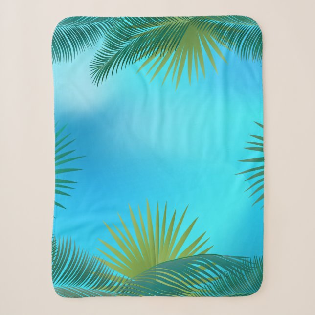 Tropical palm leaves on blue sky landscape sherpa blanket (Front)