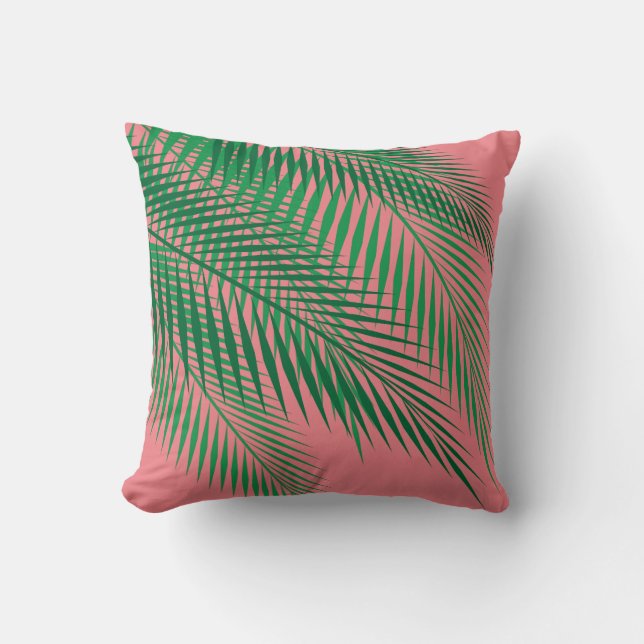 Tropical Palm Leaves on Coral Sky Throw Pillow (Front)