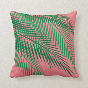 Tropical Palm Leaves on Coral Sky Throw Pillow