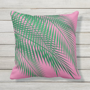 Tropical Palm Leaves on Pink Sky - Outdoor Throw Pillow
