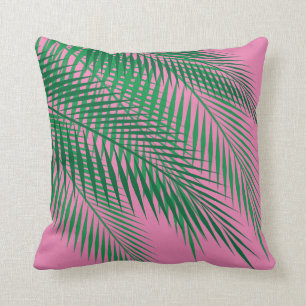 Tropical Palm Leaves on Pink Sky Throw Pillow