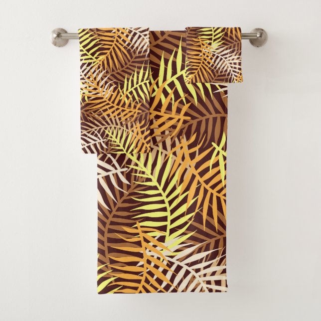 Tropical Palm Leaves Pattern Brown Yellow Fern Bath Towel Set (Insitu)