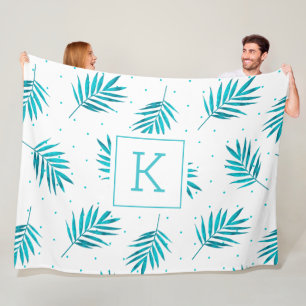 Tropical palm leaves pattern white and blue-green fleece blanket