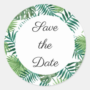 Tropical Palm Leaves Personalised Save the Date Classic Round Sticker