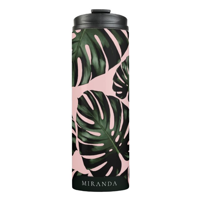 Tropical Palm Leaves Personalized Name Tote Bag Thermal Tumbler (Front)