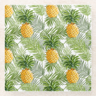 Tropical Palm Leaves & Pineapples Glass Coaster