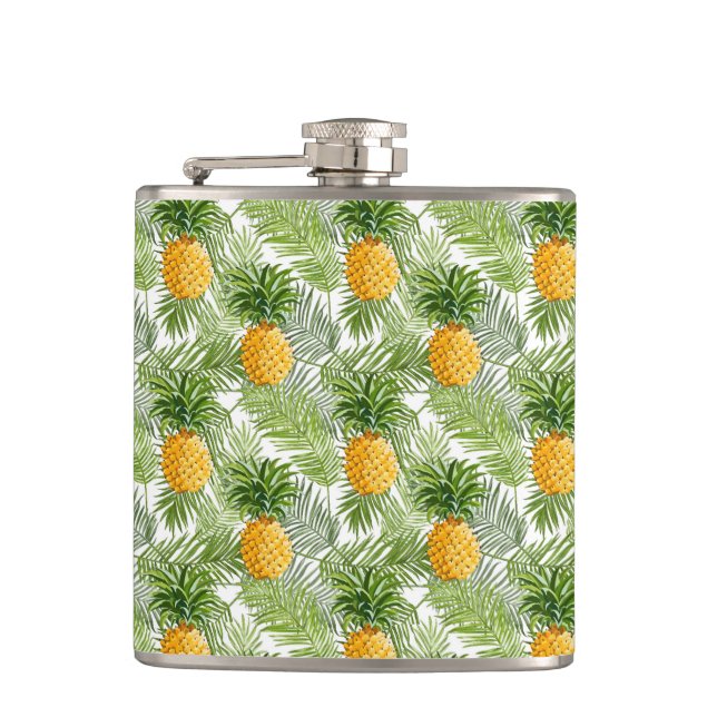 Tropical Palm Leaves & Pineapples Hip Flask (Front)