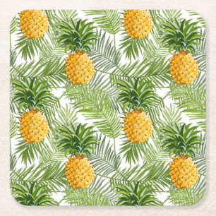 Tropical Palm Leaves & Pineapples Square Paper Coaster