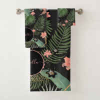 Tropical Palm Leaves Pink Floral Monogram Black