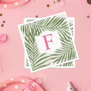 Tropical Palm Leaves   Pink Monogram Napkin