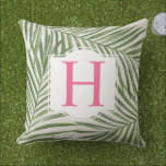 Tropical Palm Leaves Pink Monogram Outdoor Pillow<br><div class="desc">Tropical style pillow design features a green palm leaf pattern of layered fronds with subtle linen style background. White decorative frame has a monogram letter in bright pink (can be customized) that you can personalize with your last name initial.</div>