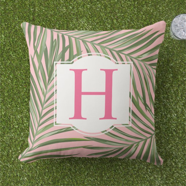 Tropical Palm Leaves Pink Monogram Outdoor Pillow (Grass)