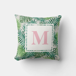 Tropical Palm Leaves Pink Monogram Throw Pillow