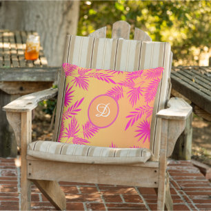 tropical palm leaves pink orange outdoor pillow