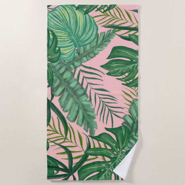Tropical Palm Leaves Pink Weekend Beach Towel (Front)