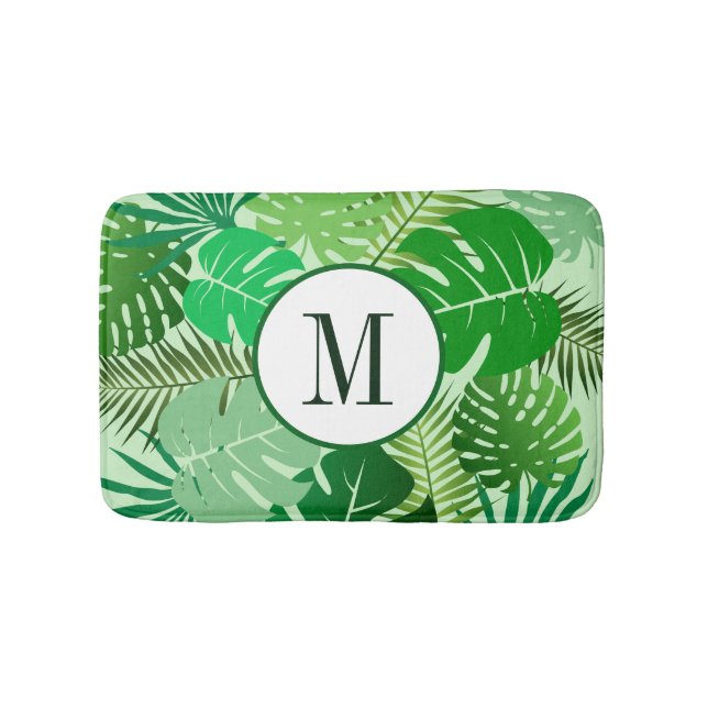 Tropical Palm Leaves Rainforest Foliage Monogram Bath Mat (Front)