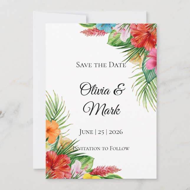Tropical Palm Leaves Save the Date | Modern Summer Invitation (Front)
