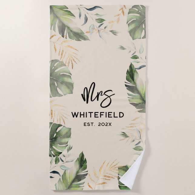 Tropical Palm Leaves Script Botanical Custom Beach Towel (Front)