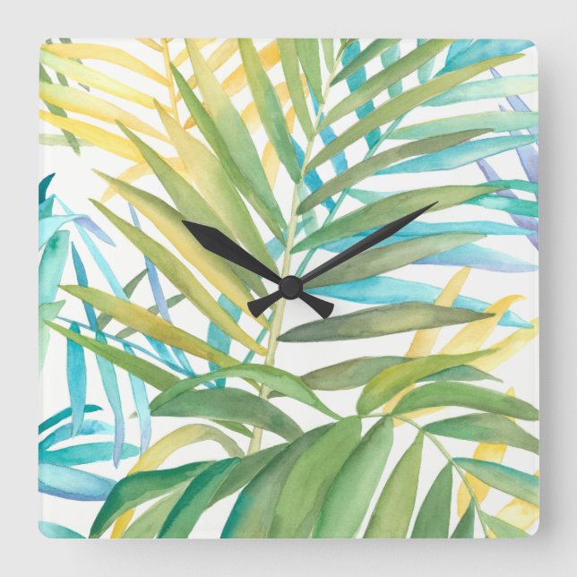 Tropical Palm Leaves Square Wall Clock (Front)
