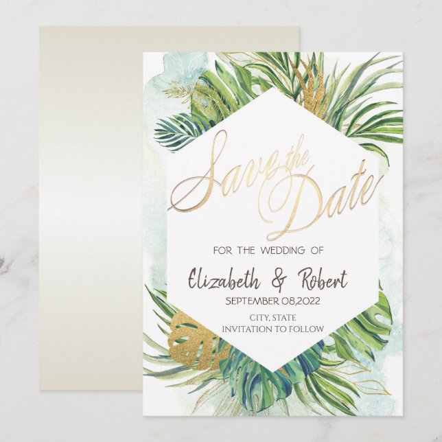 Tropical Palm Leaves Summer Save The Date (Front/Back)