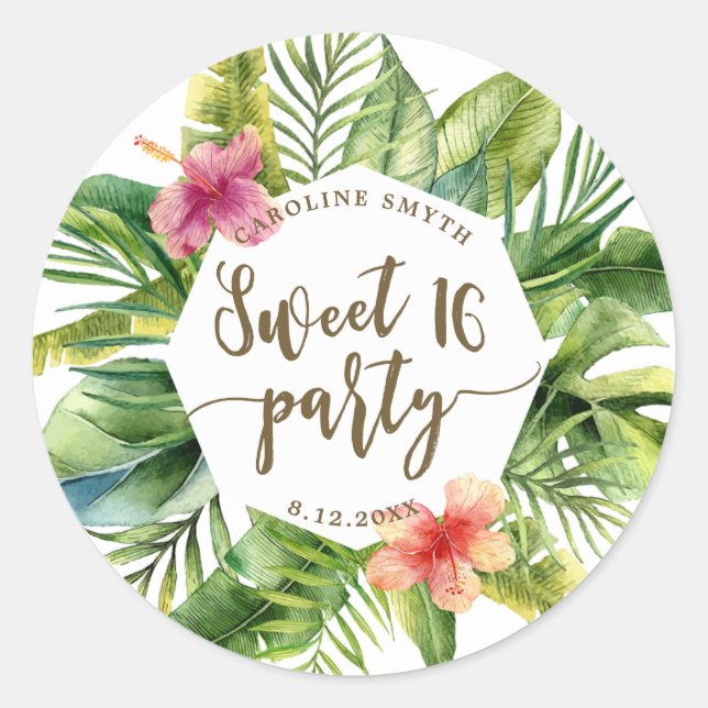 tropical palm leaves sweet 16 party sticker (Front)