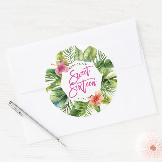 tropical palm leaves sweet 16 party sticker (Envelope)