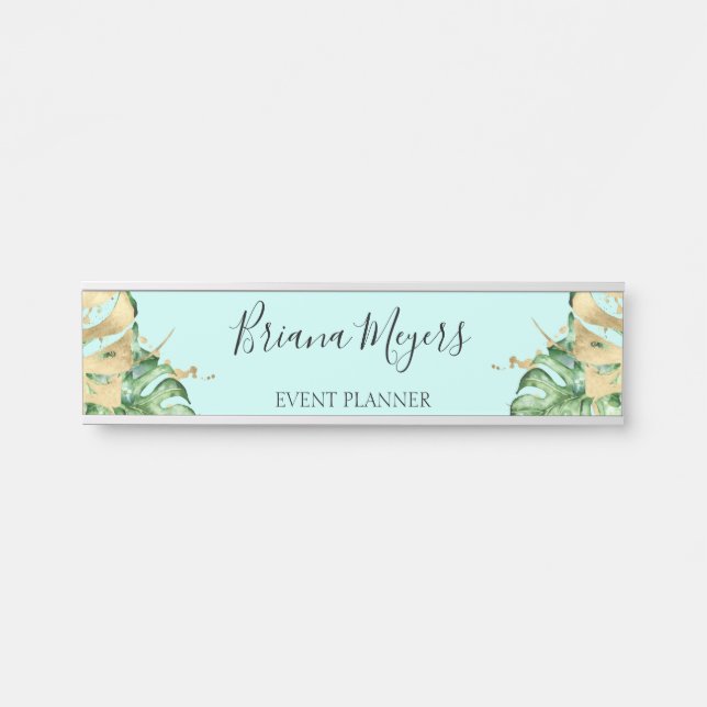 Tropical Palm Leaves Teal Business Door Sign (Front)