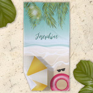 Tropical Palm Leaves Teal Ocean Sand Beach Waves Beach Towel