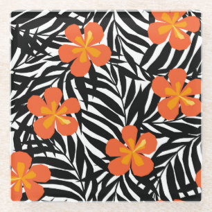 Tropical palm leaves, vintage applique style. glass coaster