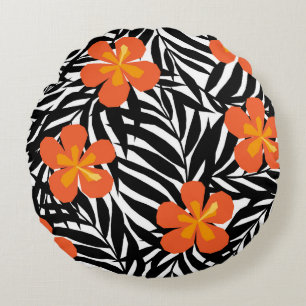 Tropical palm leaves, vintage applique style. round pillow