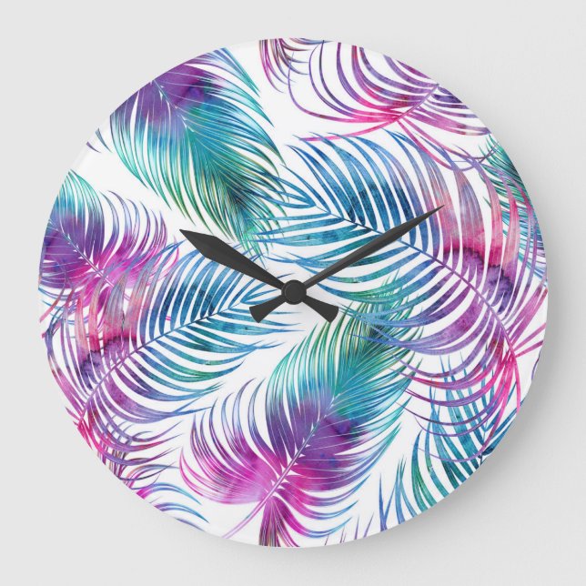 Tropical palm leaves, watercolor floral pattern. large clock (Front)