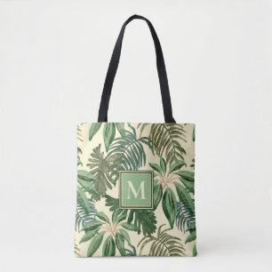 Tropical Palm Leaves Watercolor Monogram Tote Bag