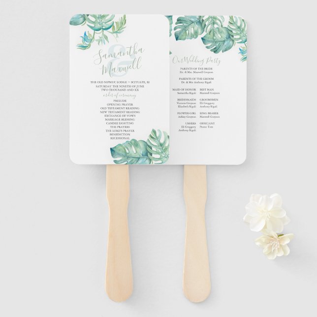 Tropical Palm Leaves Watercolor Wedding Hand Fan (Front and Back)
