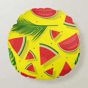 Tropical Palm Leaves & Watermelon Slices Pattern Round Pillow
