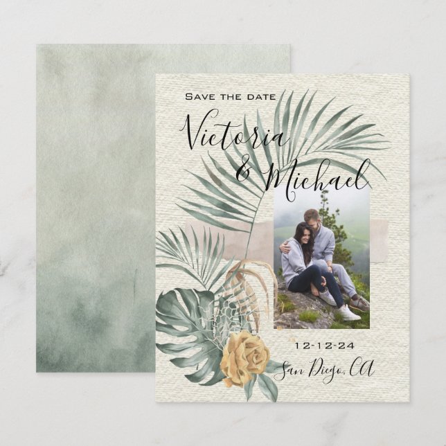 Tropical Palm Leaves wedding Photo Save the date Invitation (Front/Back)