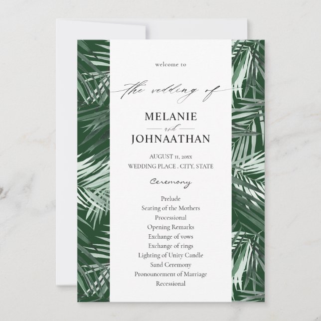 Tropical Palm Leaves Wedding Program - Green (Front)