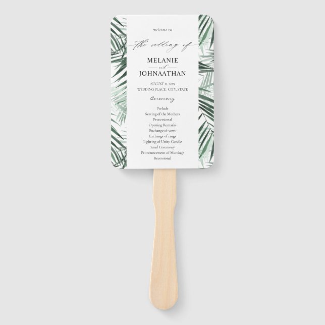 Tropical Palm Leaves Wedding Program Hand Fan (Front)