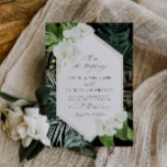 tropical palm leaves white floral wedding invitation<br><div class="desc">tropical greenery geometric frame white floral design on a black background. The text and colours can be personalized to match your wedding theme.</div>