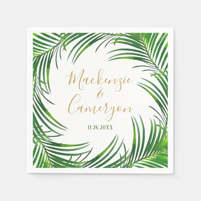 Tropical Palm Leaves Wreath Personalized Wedding Napkin (Front)