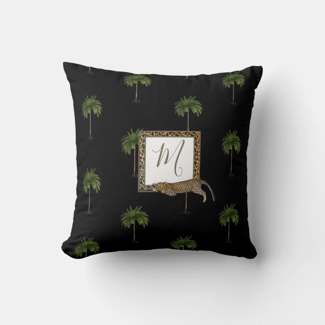 Tropical Palm  Leopard Print Wild Black Monogram Throw Pillow (Front)